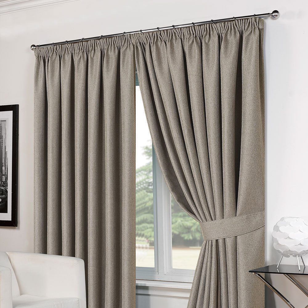 Luxury Basket Weave Lined Tape Top Curtains with Tiebacks - Silver/Grey 66x72>