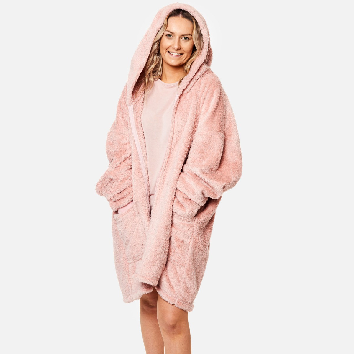Brentfords Teddy Fleece Zip Up Hoodie Blanket, Adults - Blush Pink>