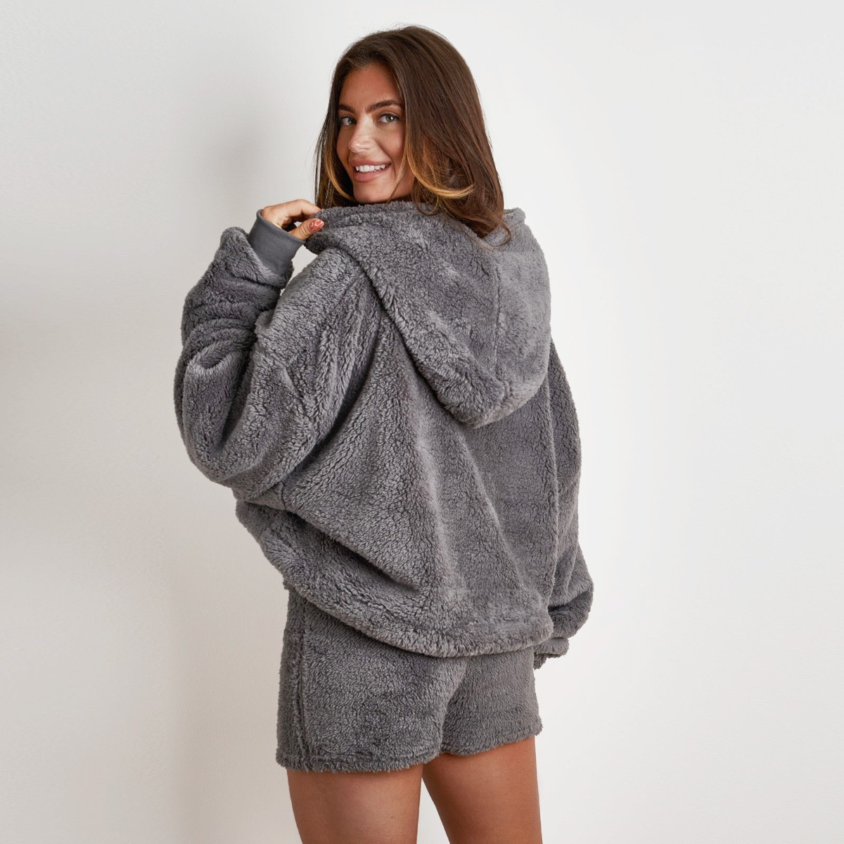 Brentfords Cropped Teddy Fleece Hoodie, One Size - Charcoal>