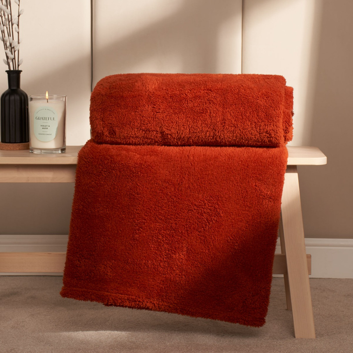 OHS Teddy Fleece Throw, Rust - 200 x 240cm>