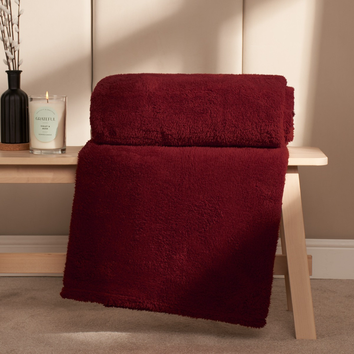 OHS Teddy Fleece Throw, Wine - 200 x 240cm>