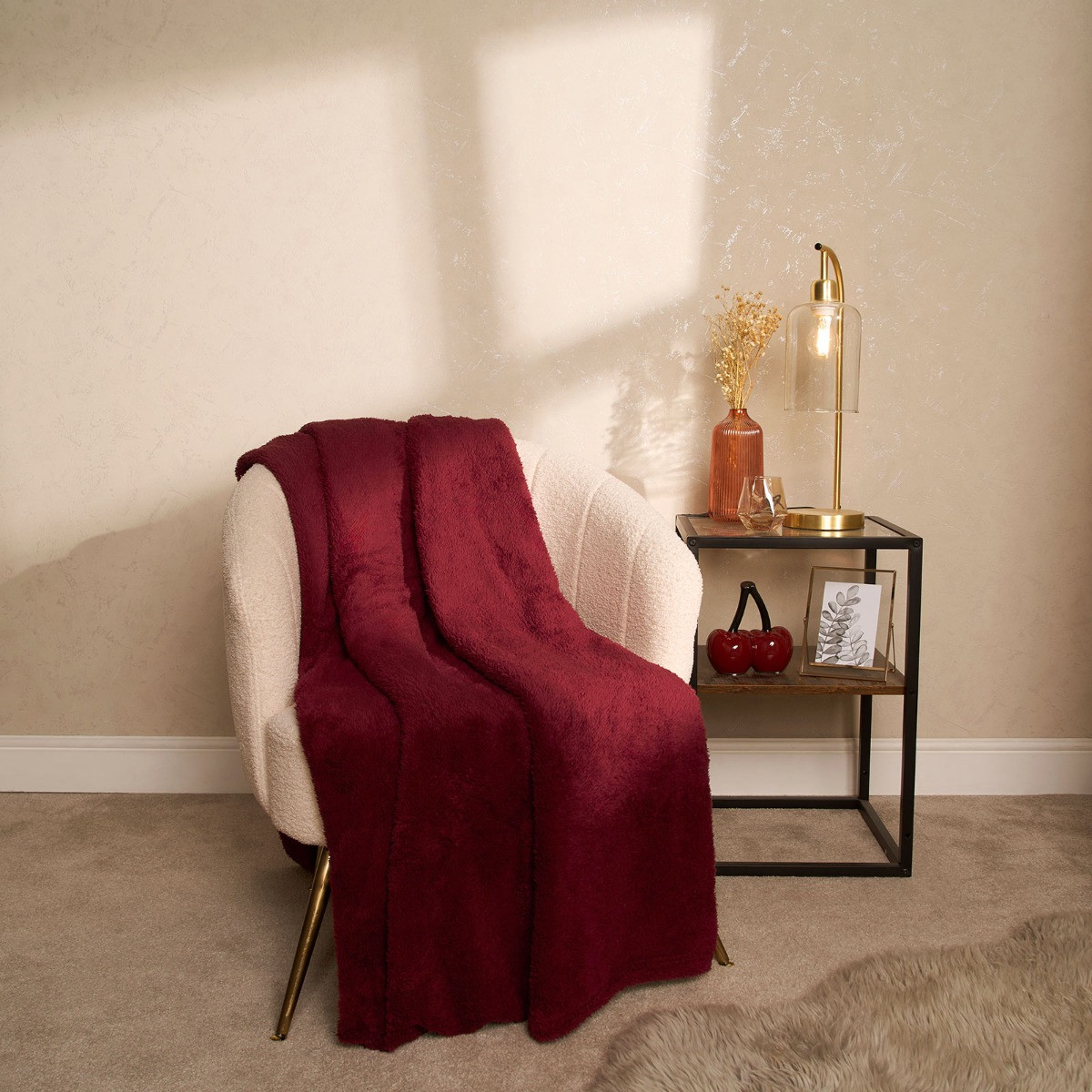 OHS Teddy Fleece Throw, Wine - 200 x 240cm>