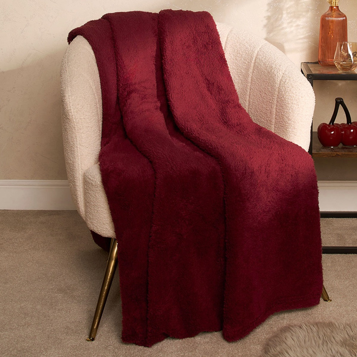 OHS Teddy Fleece Throw, Wine - 150 x 200cm>
