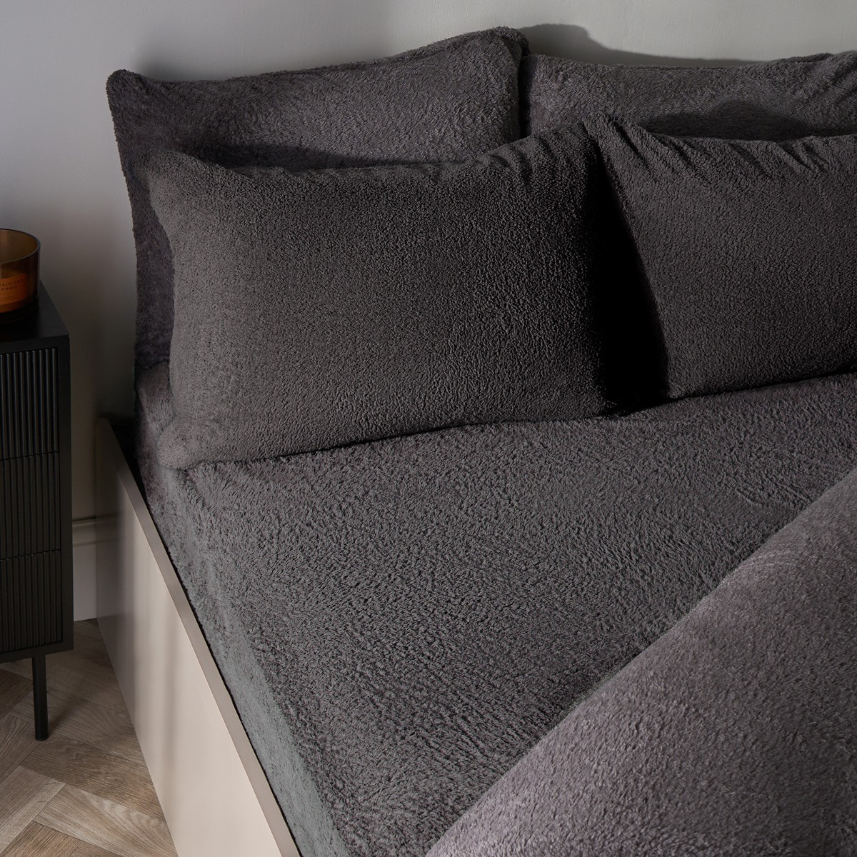 OHS Teddy Fleece Fitted Sheet, Charcoal Grey - Super King>