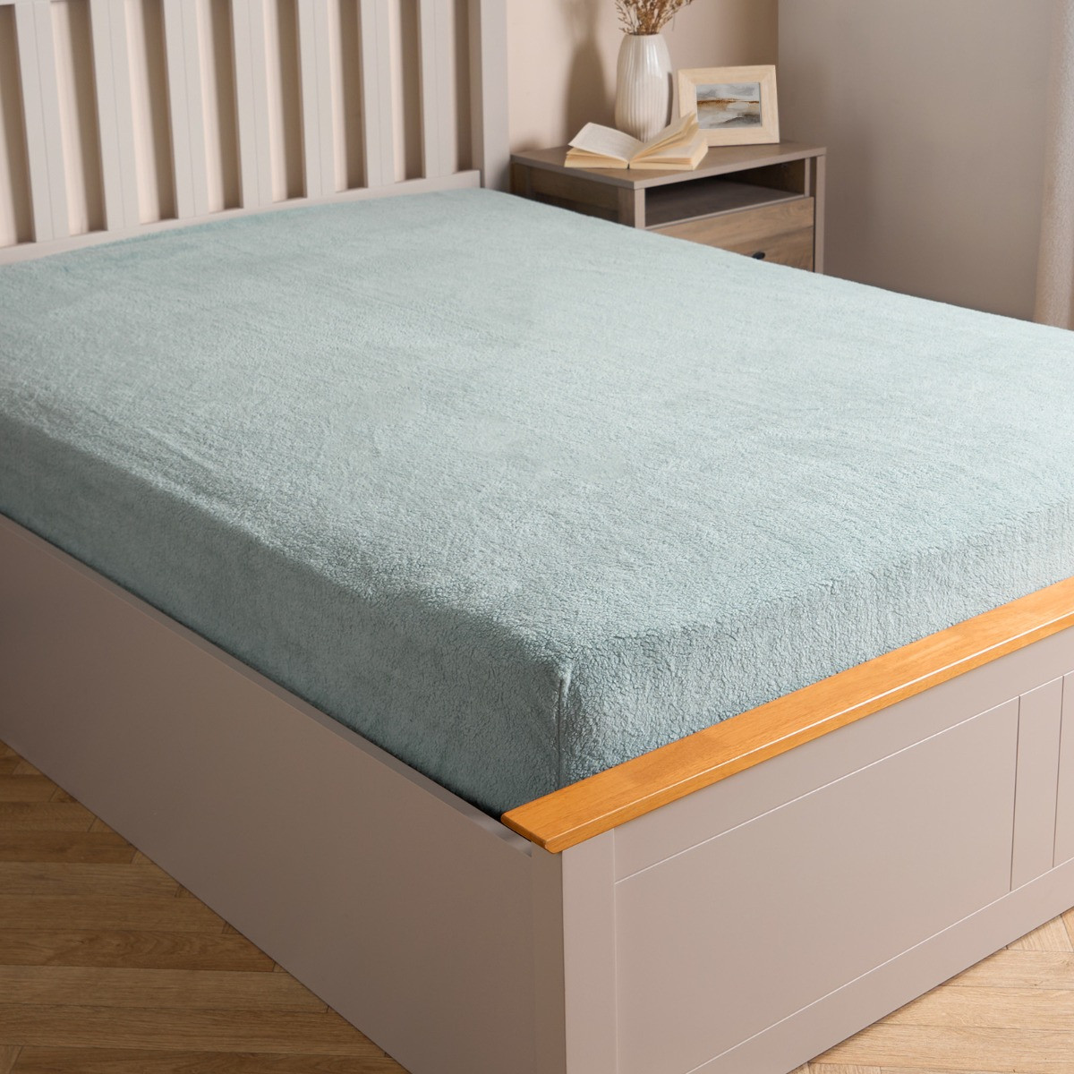 OHS Teddy Fleece Fitted Sheet, Duck Egg Blue - Single>