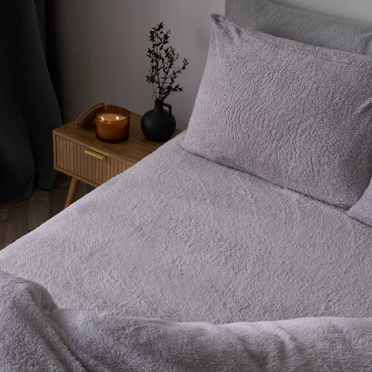 OHS Teddy Fleece Fitted Sheet, Silver Grey - King>