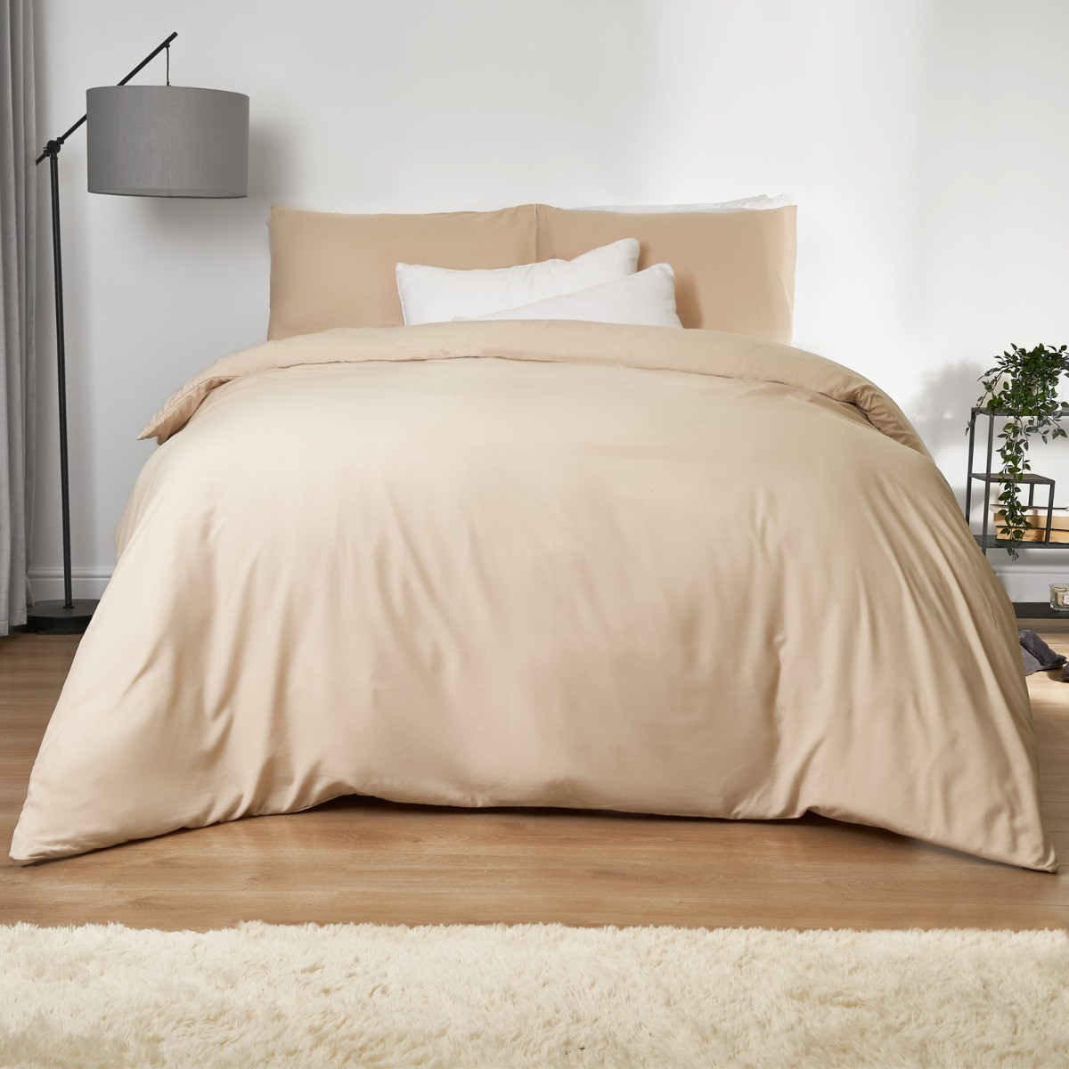 OHS Washed Linen Look Duvet Set, Beige - Double>