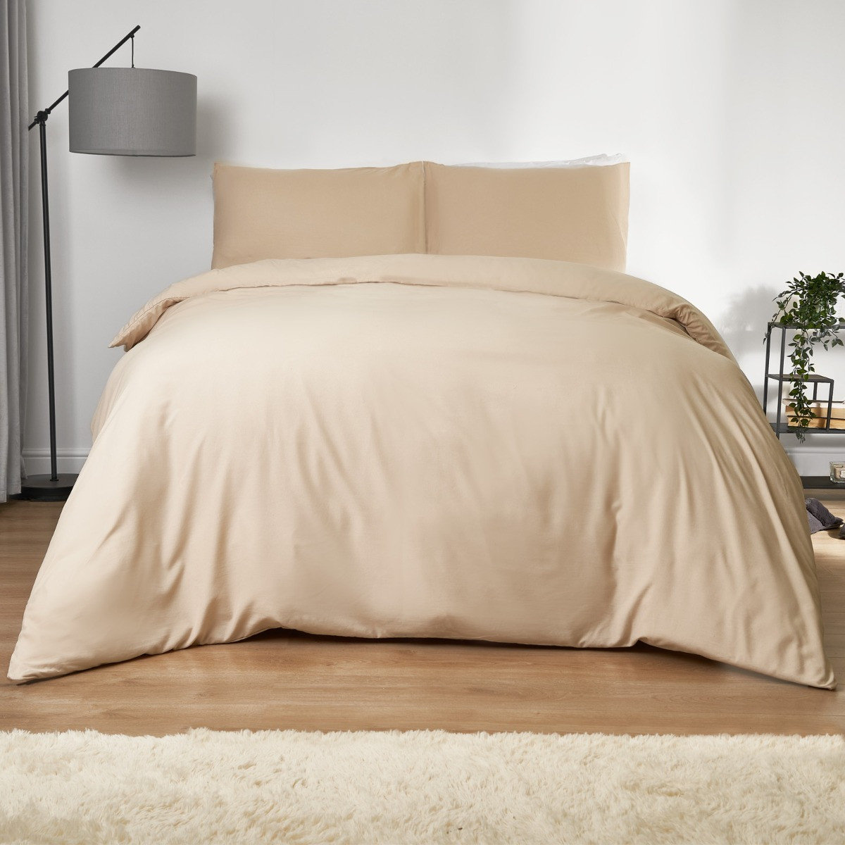 OHS Washed Linen Look Duvet Set, Beige - Double>