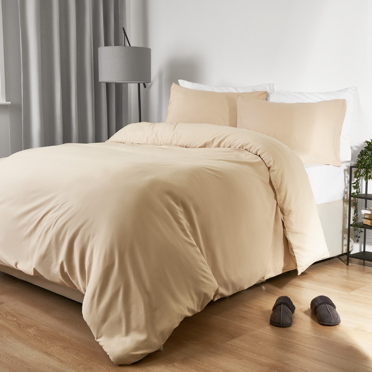 OHS Washed Linen Look Duvet Set, Beige - Double>