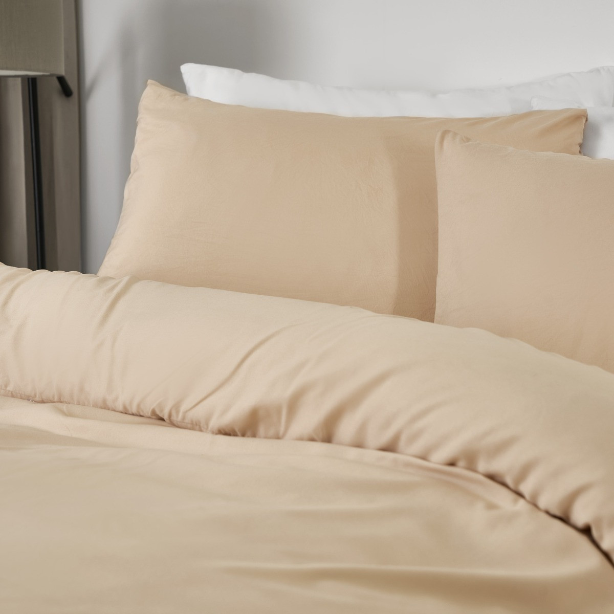 OHS Washed Linen Look Duvet Set, Beige - Double>