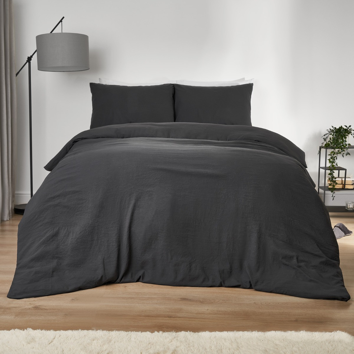 OHS Washed Linen Look Duvet Set, Charcoal - King>