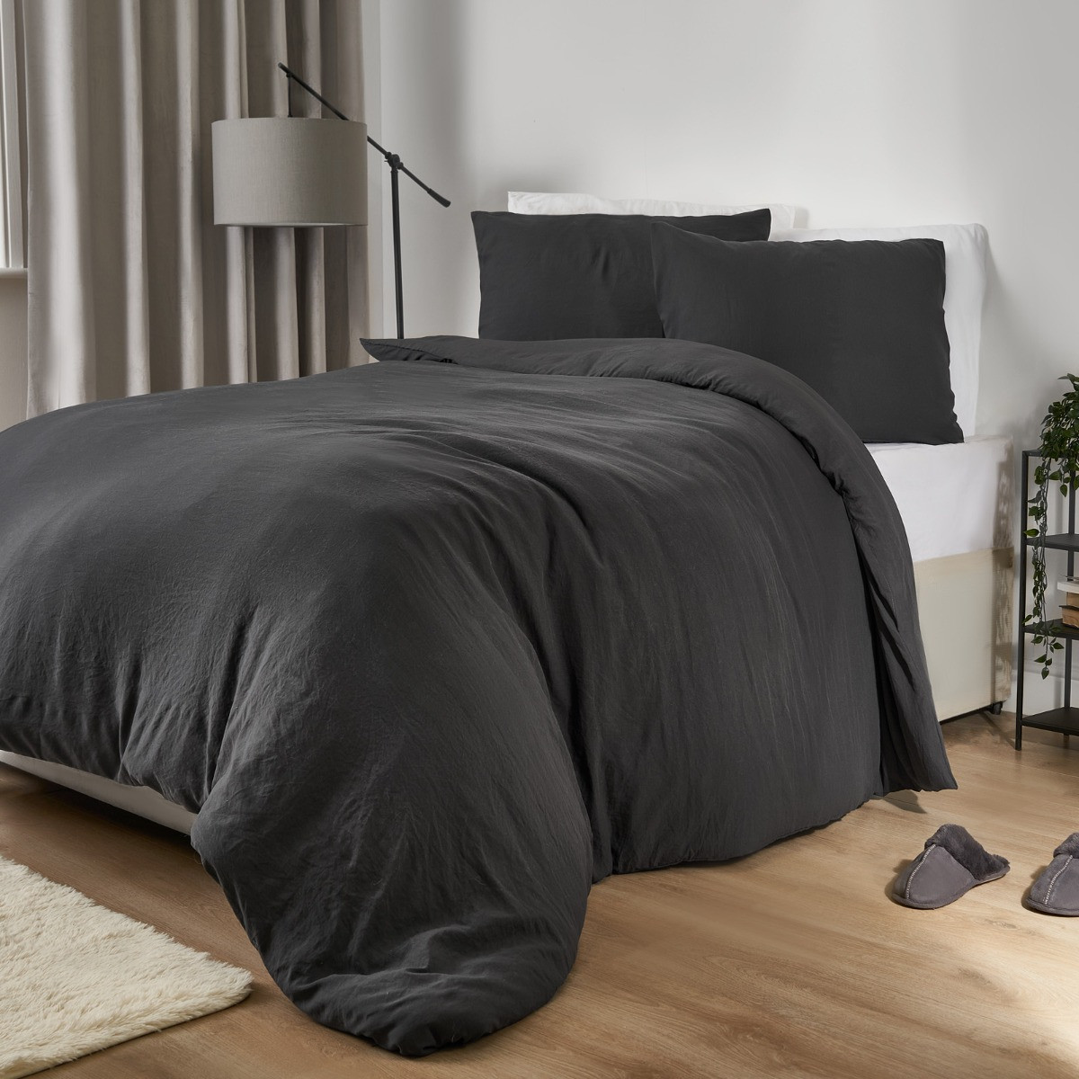 OHS Washed Linen Look Duvet Set, Charcoal - King>