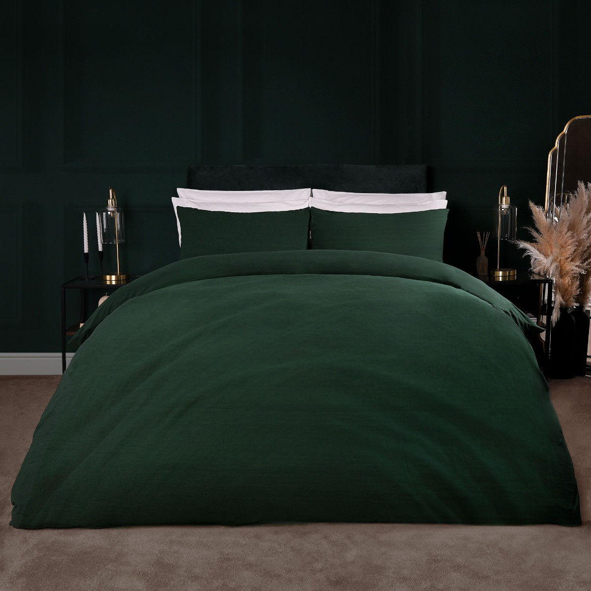 OHS Washed Linen Look Duvet Set, Forest Green - Double>