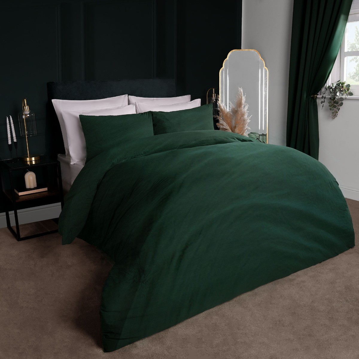 OHS Washed Linen Look Duvet Set, Forest Green - Double>