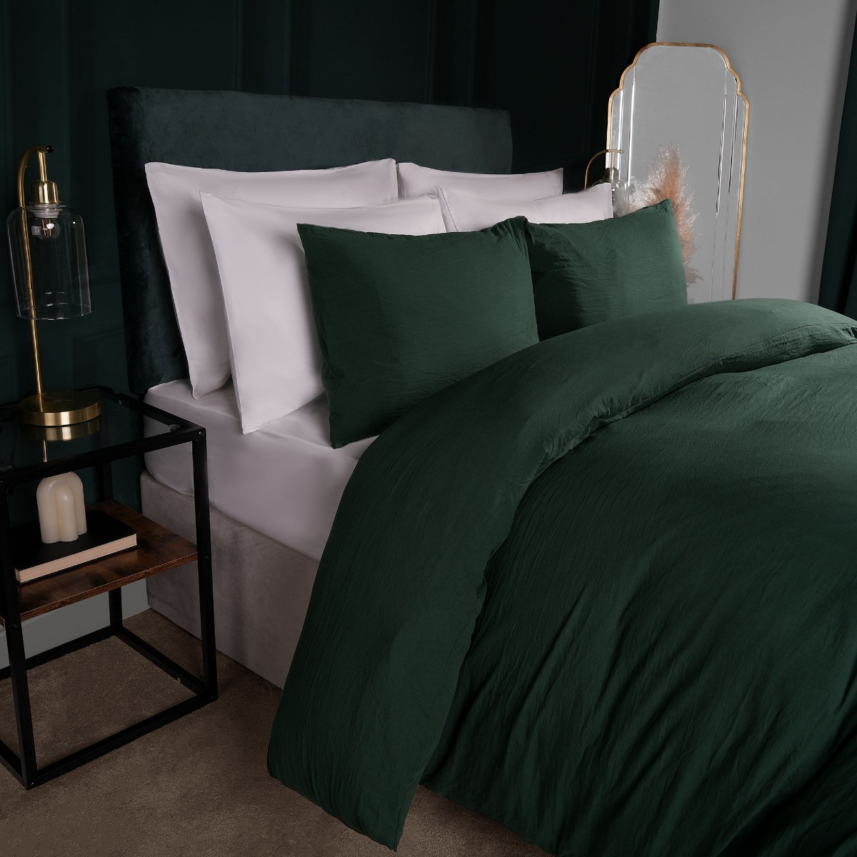 OHS Washed Linen Look Duvet Set, Forest Green - Double>