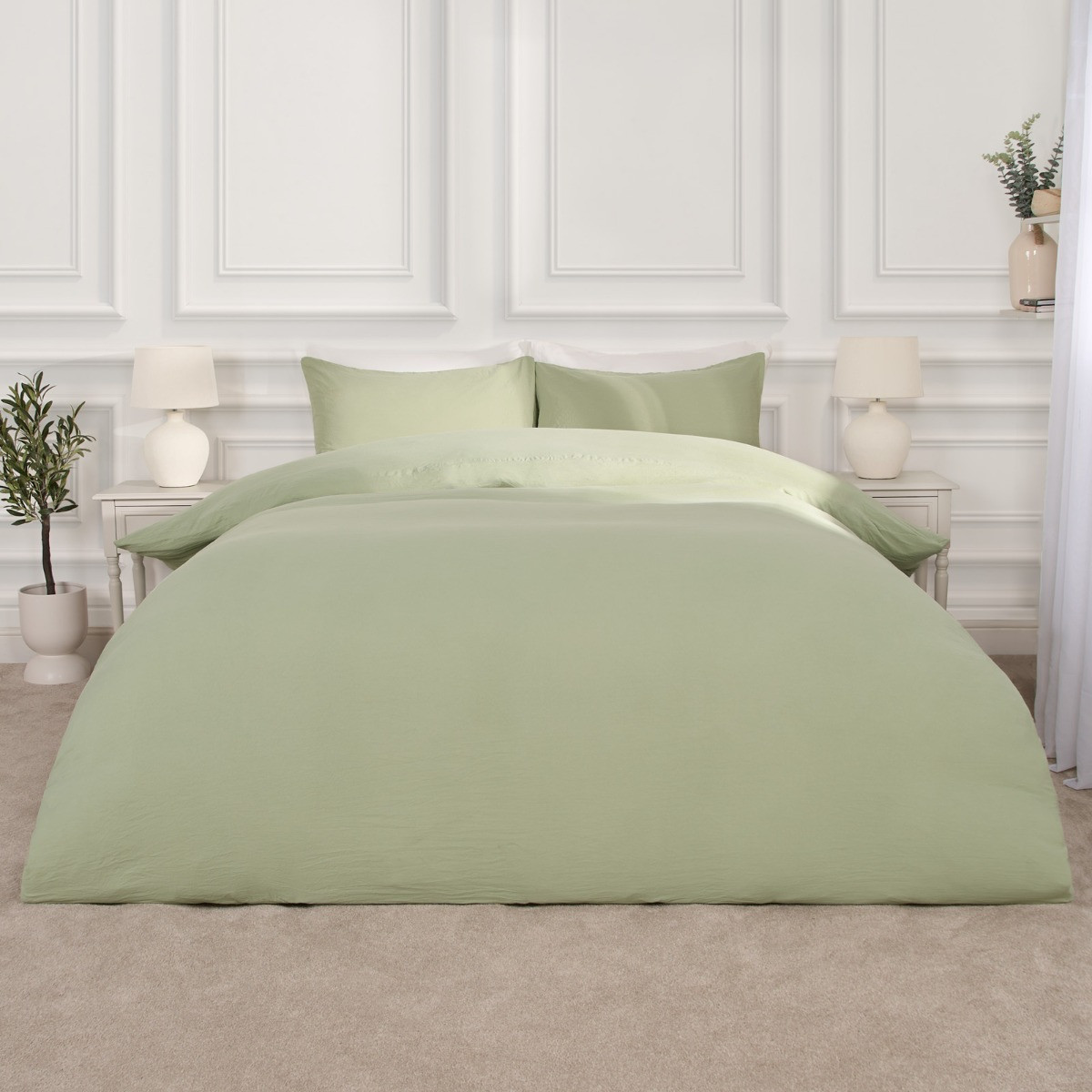 OHS Washed Linen Look Duvet Set, Sage - King>