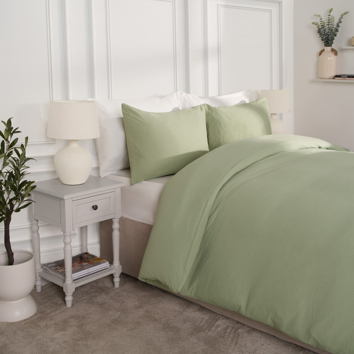 OHS Washed Linen Look Duvet Set, Sage - King>