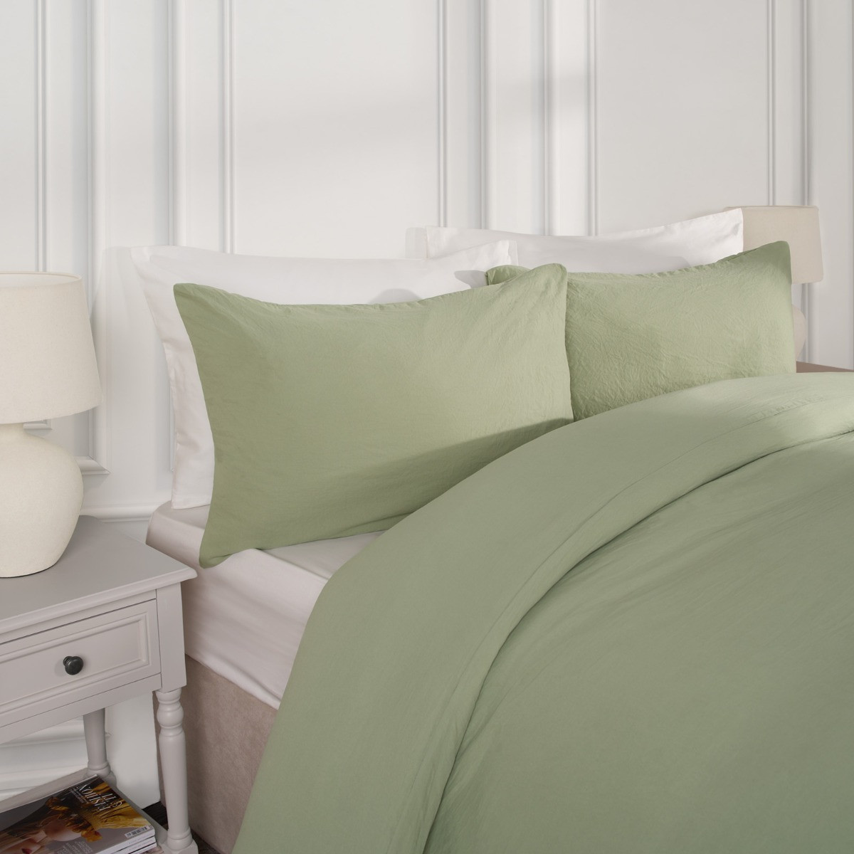 OHS Washed Linen Look Duvet Set, Sage - King>