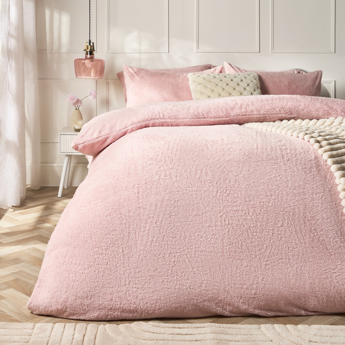 OHS Teddy Fleece Duvet Cover Set, Blush Pink - Super King>