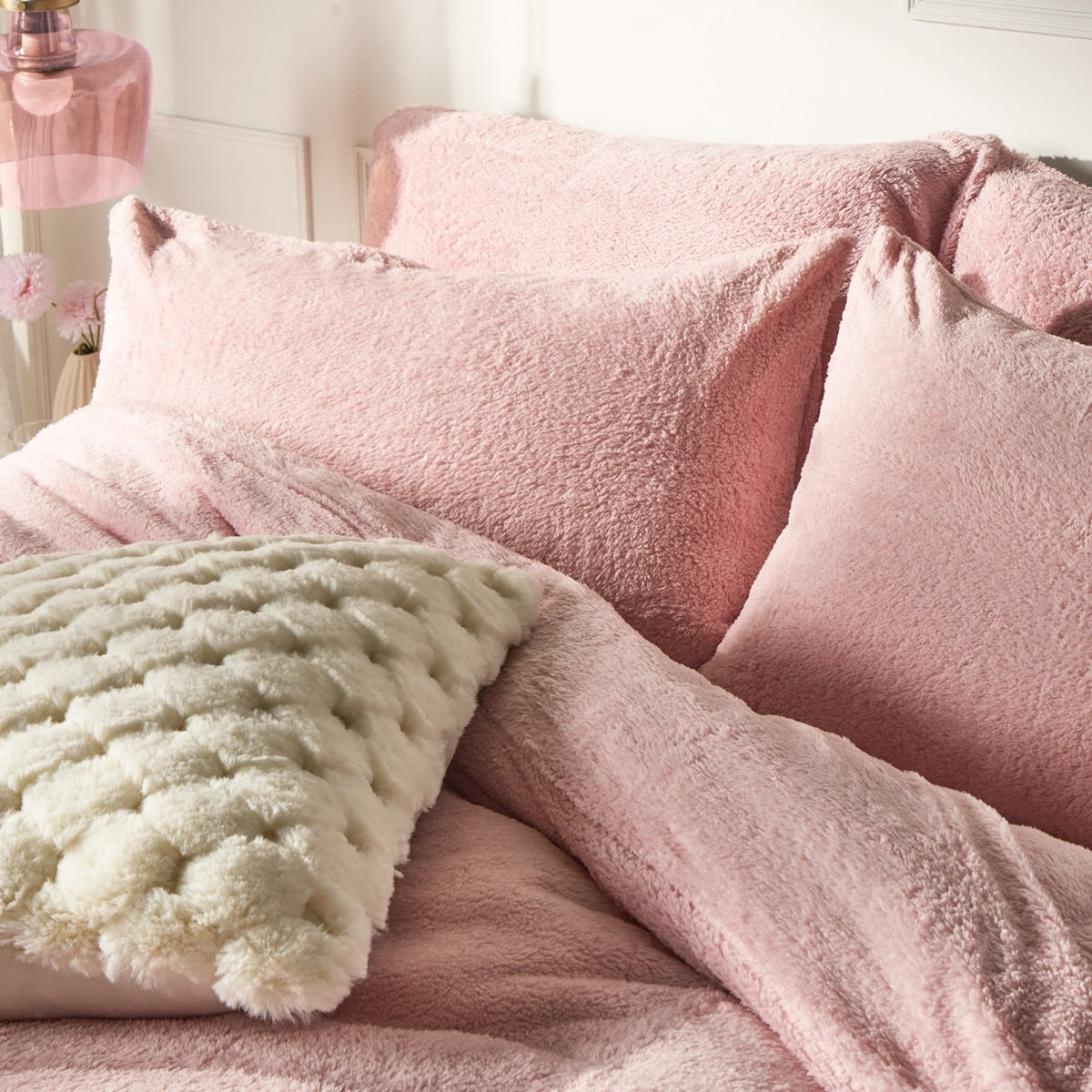 OHS Teddy Fleece Duvet Cover Set, Blush Pink - Single>