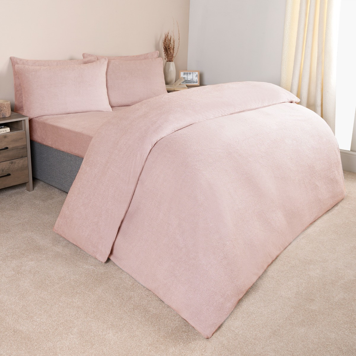OHS Teddy Fleece Duvet Cover Set, Blush Pink - Single>