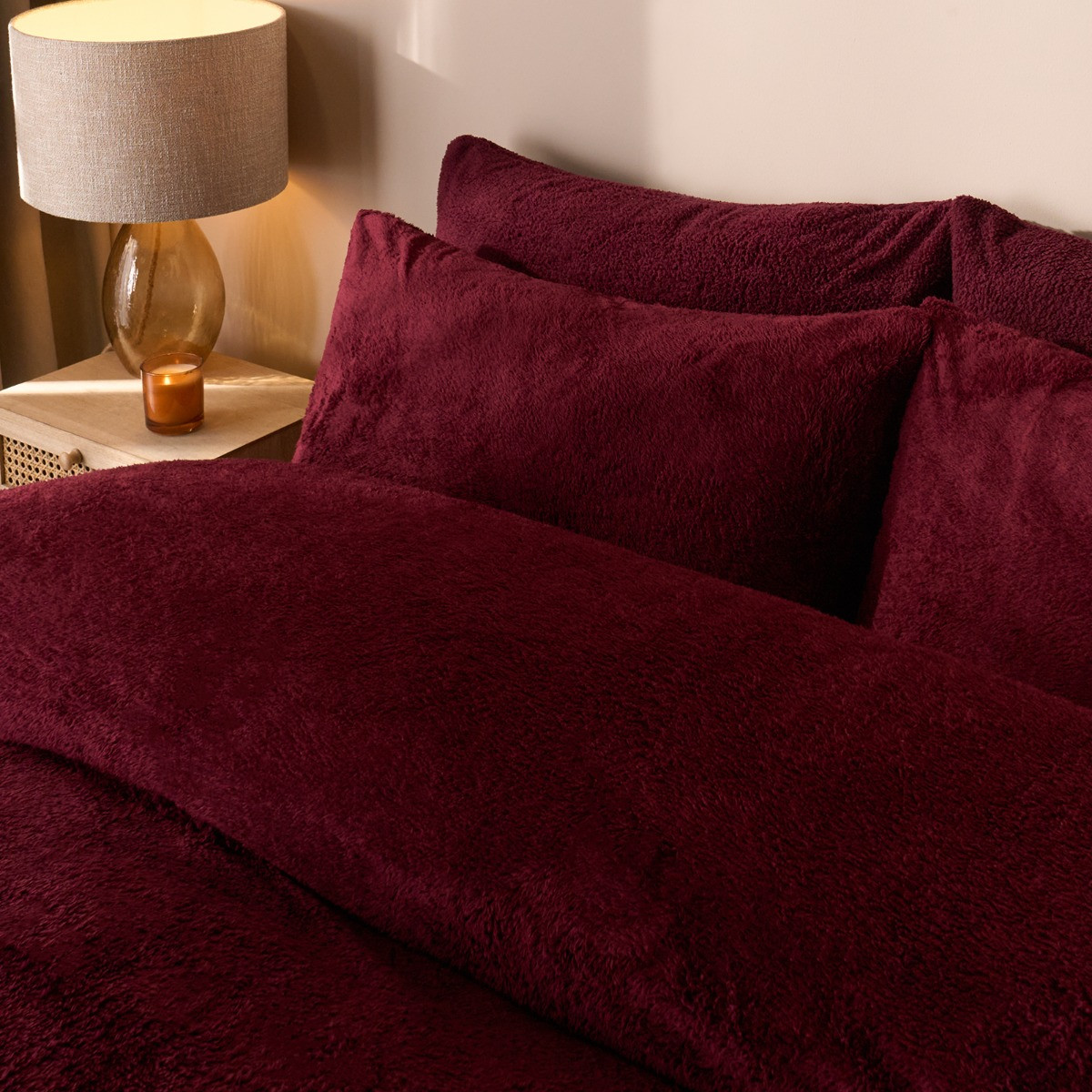 OHS Teddy Fleece Duvet Cover Set, Burgundy - Single>