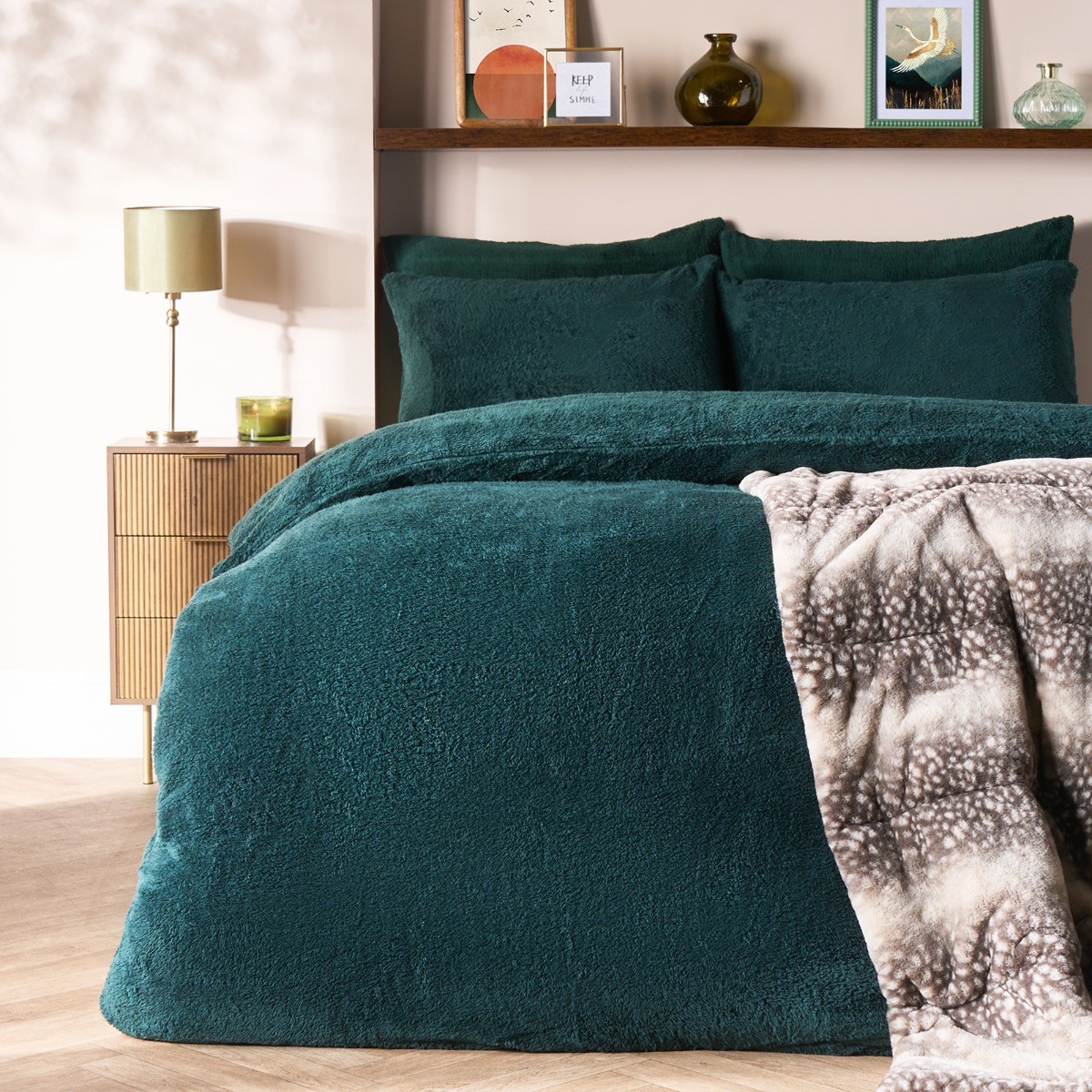 OHS Teddy Fleece Duvet Cover Set, Forest Green - Super King>
