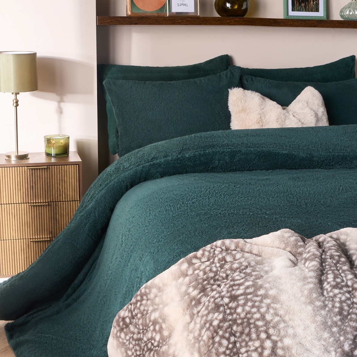 OHS Teddy Fleece Duvet Cover Set, Forest Green - King>