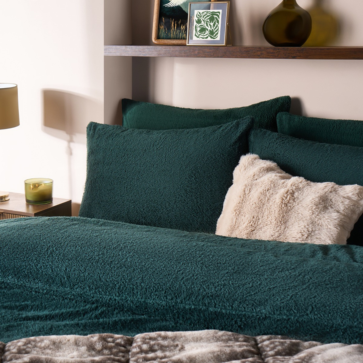 OHS Teddy Fleece Duvet Cover Set, Forest Green - Super King>