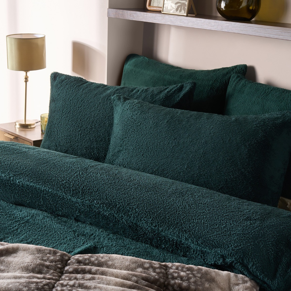 OHS Teddy Fleece Duvet Cover Set, Forest Green - King>