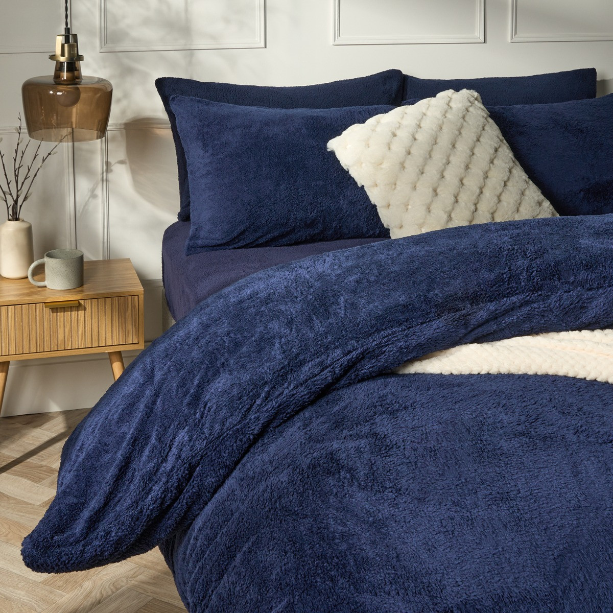 OHS Teddy Fleece Duvet Cover Set, Navy - Single>