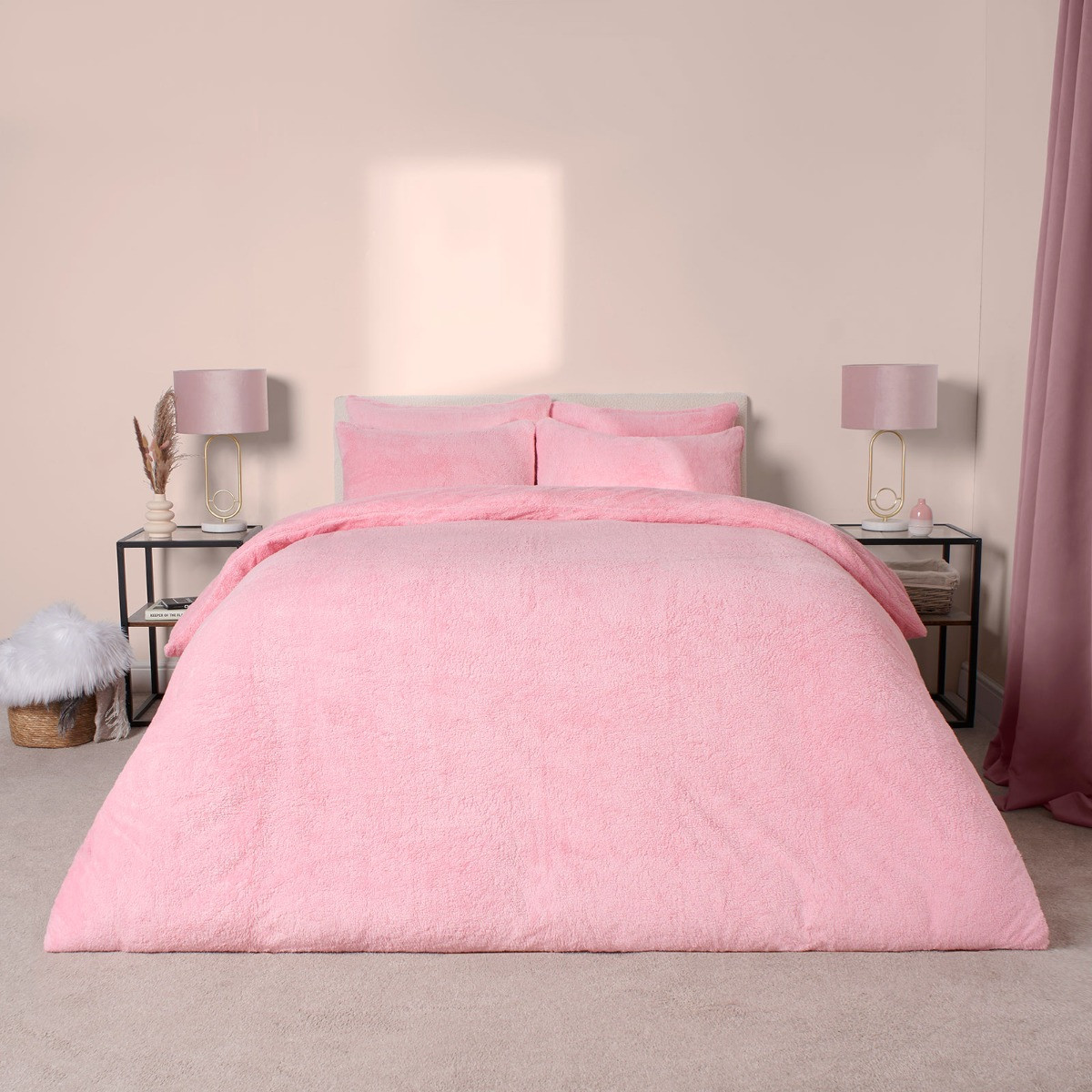 OHS Teddy Fleece Duvet Cover Set, Pink - Single>