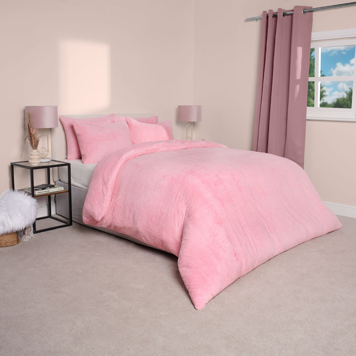 OHS Teddy Fleece Duvet Cover Set, Pink - Double>