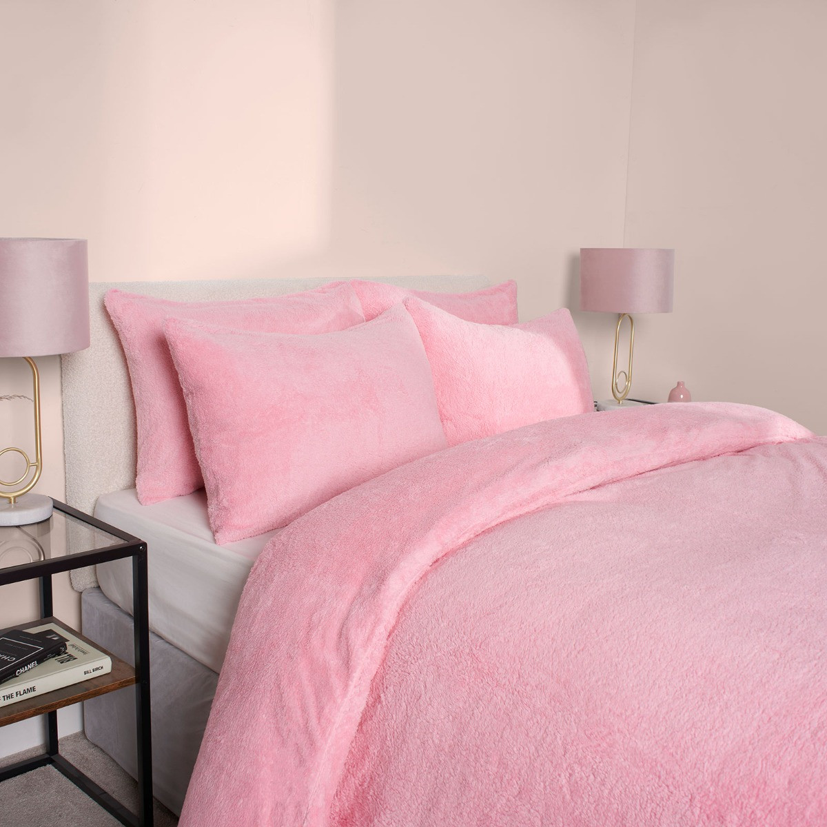 OHS Teddy Fleece Duvet Cover Set, Pink - Single>