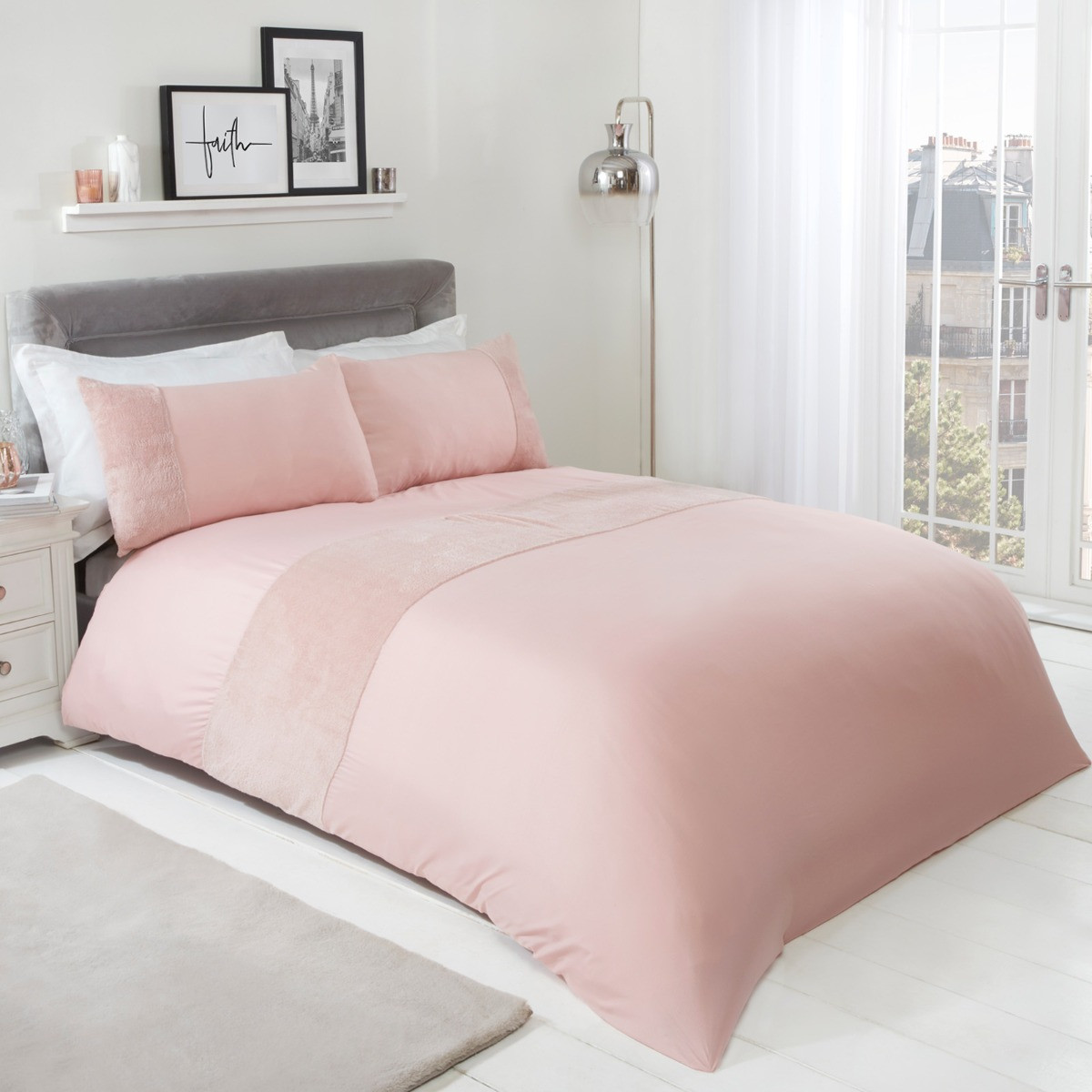 OHS Teddy Fleece Panel Duvet Cover Set, Blush - Super King>