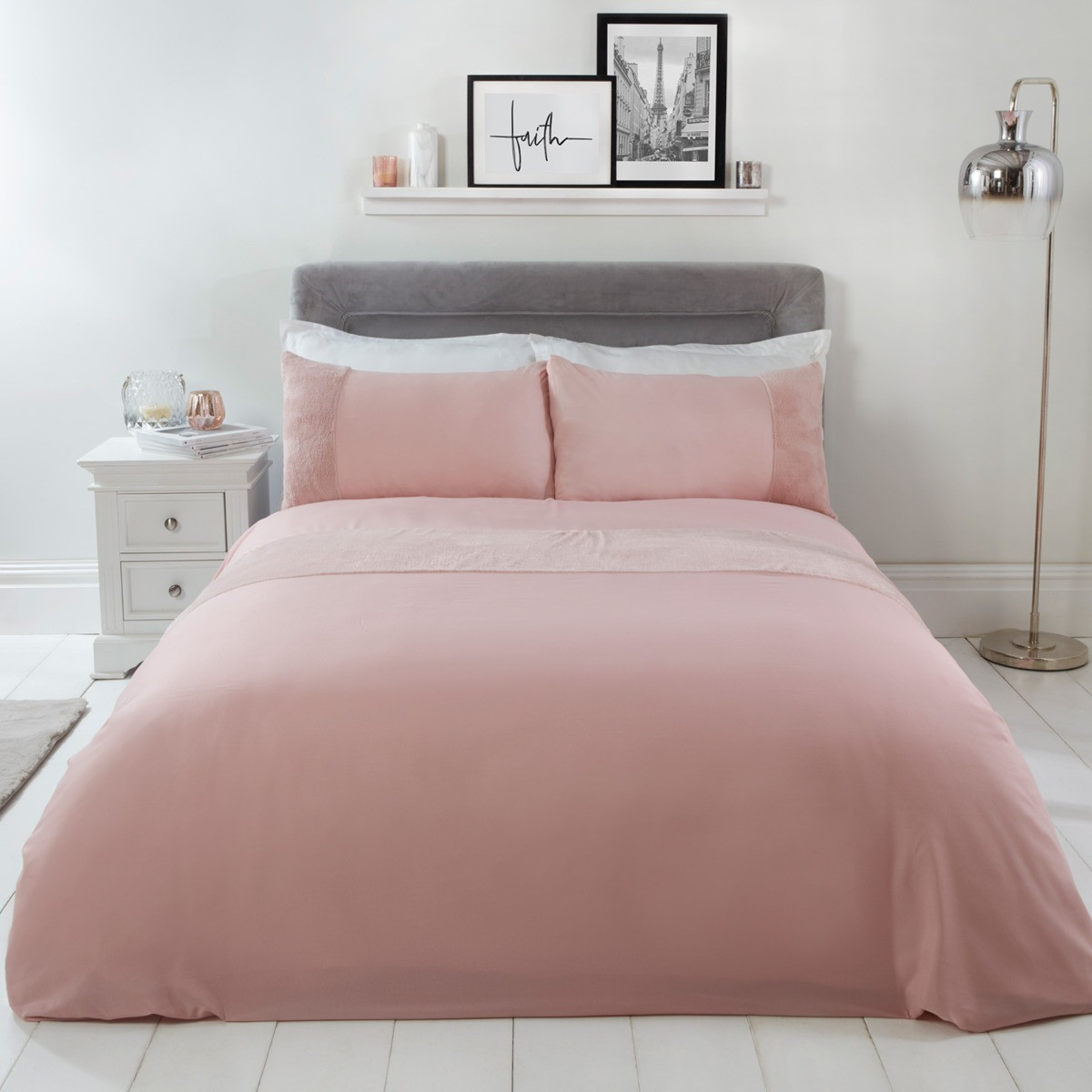 OHS Teddy Fleece Panel Duvet Cover Set, Blush - Super King>