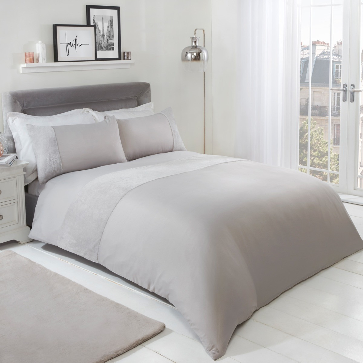 OHS Teddy Fleece Panel Duvet Cover Set, Grey - Super King>