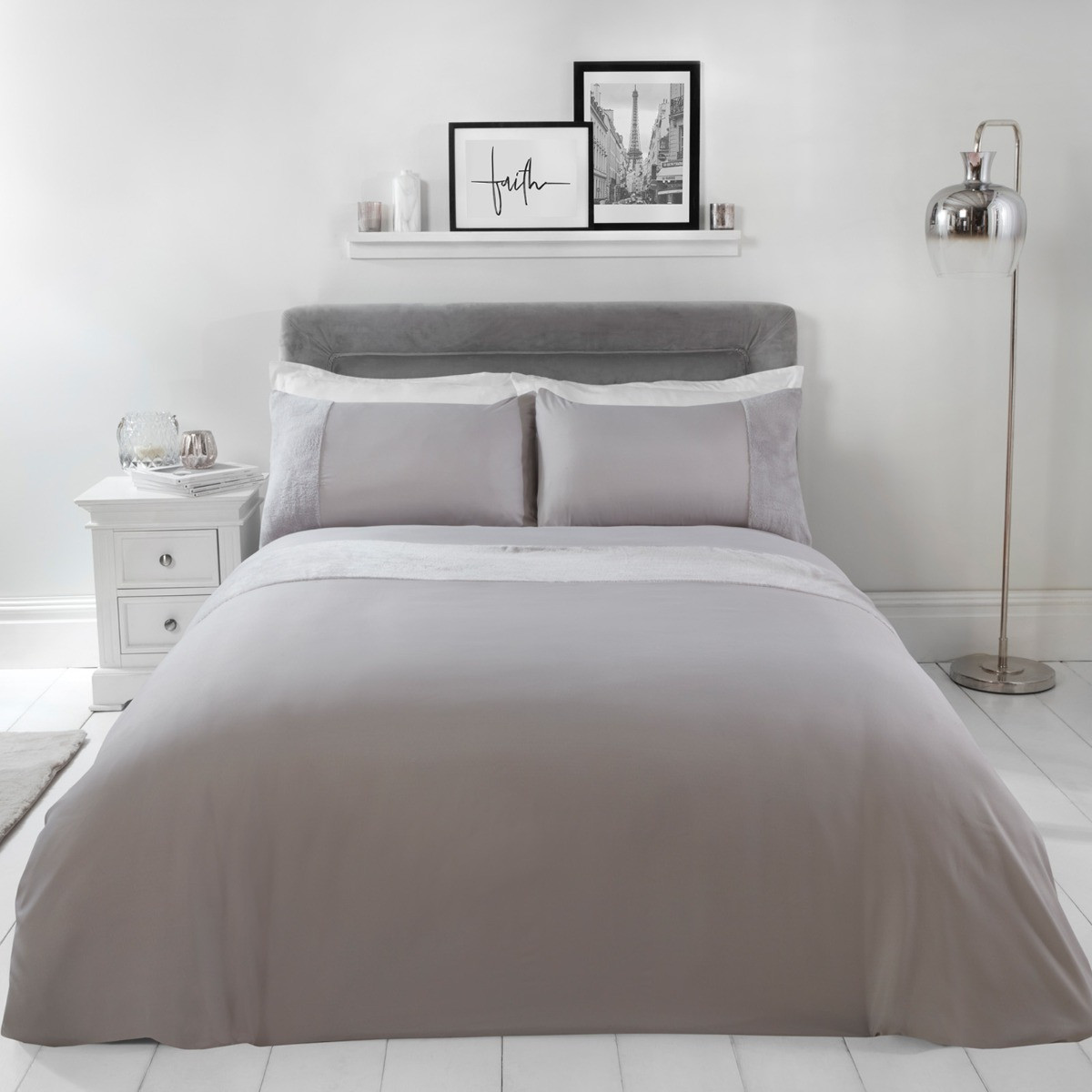 OHS Teddy Fleece Panel Duvet Cover Set, Grey - Super King>