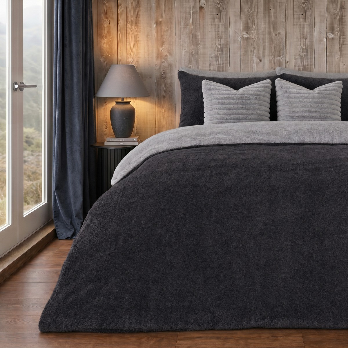 OHS Teddy Fleece Reversible Duvet Cover Set, Charcoal Grey - Single>