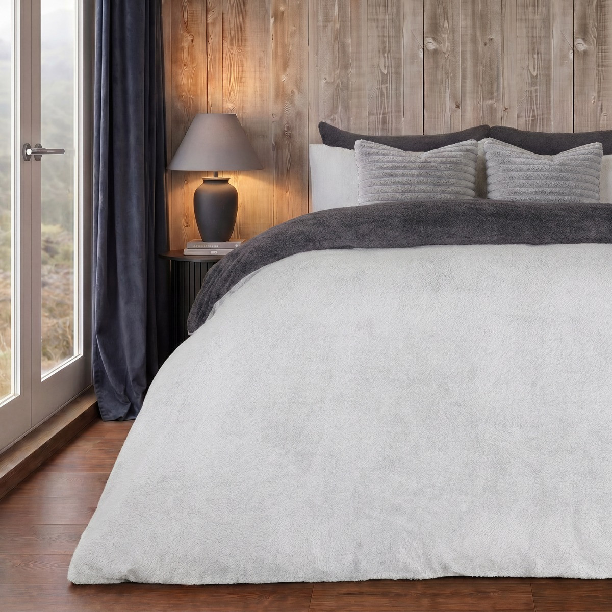 OHS Teddy Fleece Reversible Duvet Cover Set, Charcoal Grey - Super King>