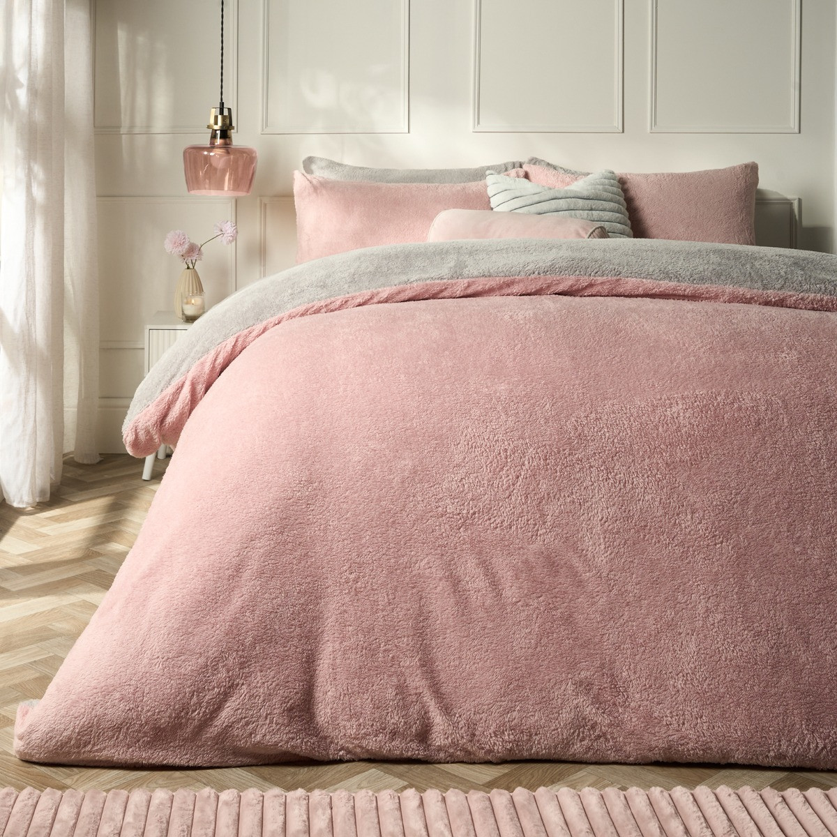 OHS Teddy Fleece Reversible Duvet Cover Set, Blush Pink/Grey - King>