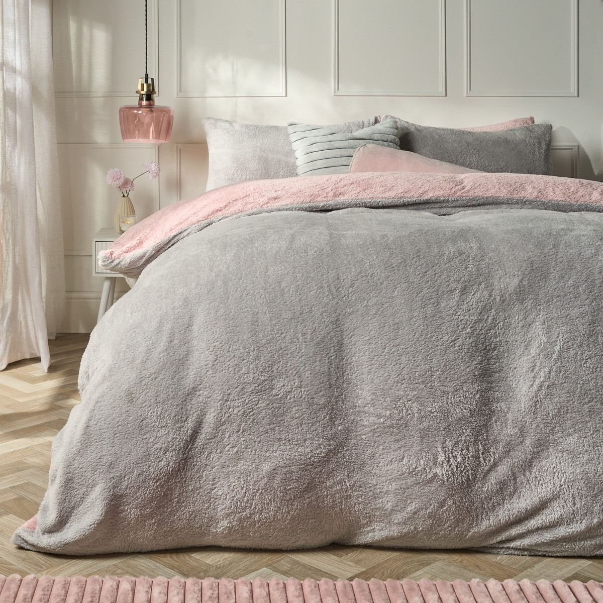 OHS Teddy Fleece Reversible Duvet Cover Set, Blush Pink/Grey - Single>