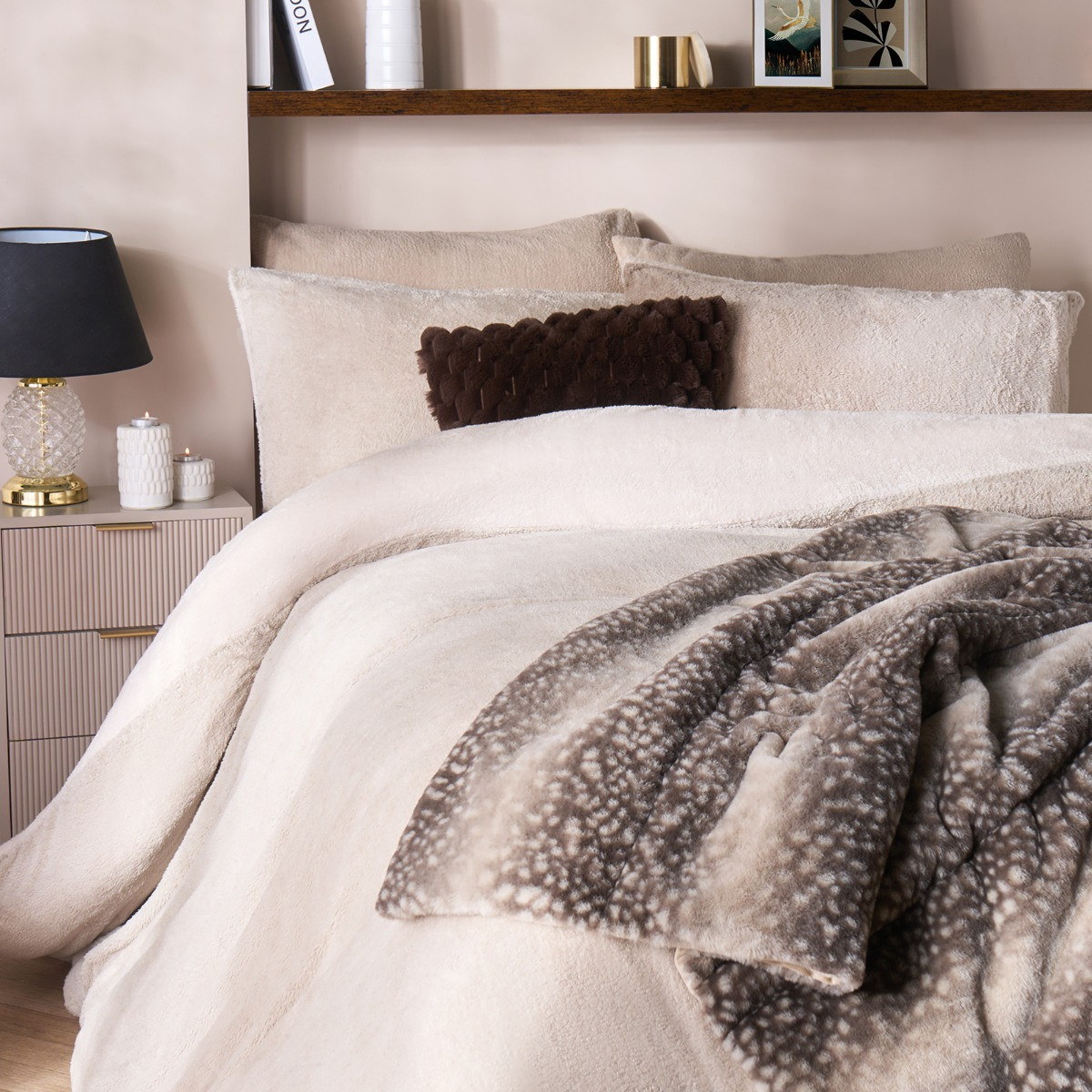 OHS Teddy Fleece Reversible Duvet Cover Set - Latte/Cream>