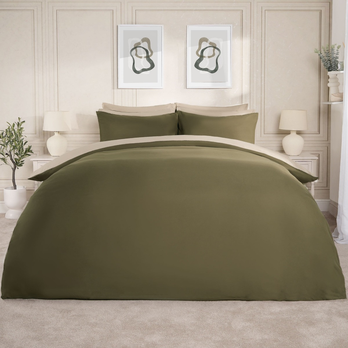 OHS Reversible Duvet Cover Set, Khaki/Taupe - Single>