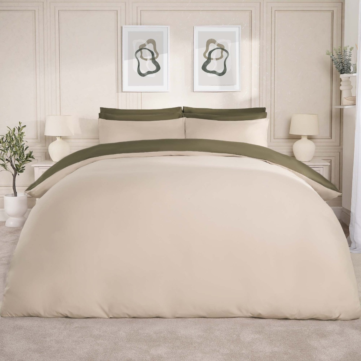 OHS Reversible Duvet Cover Set, Khaki/Taupe - Single>