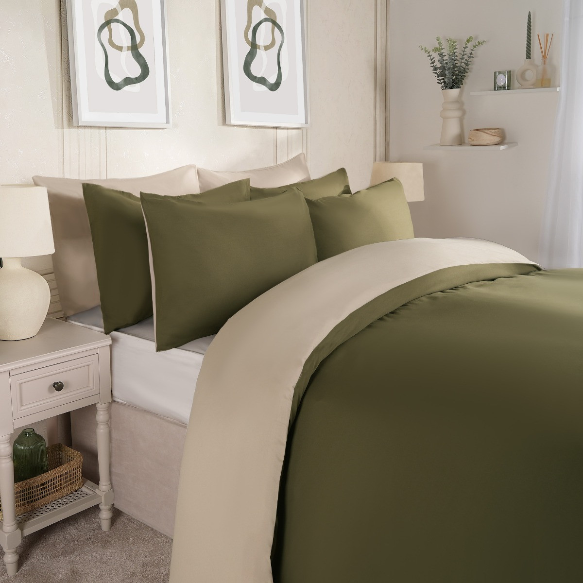 OHS Reversible Duvet Cover Set, Khaki/Taupe - Single>