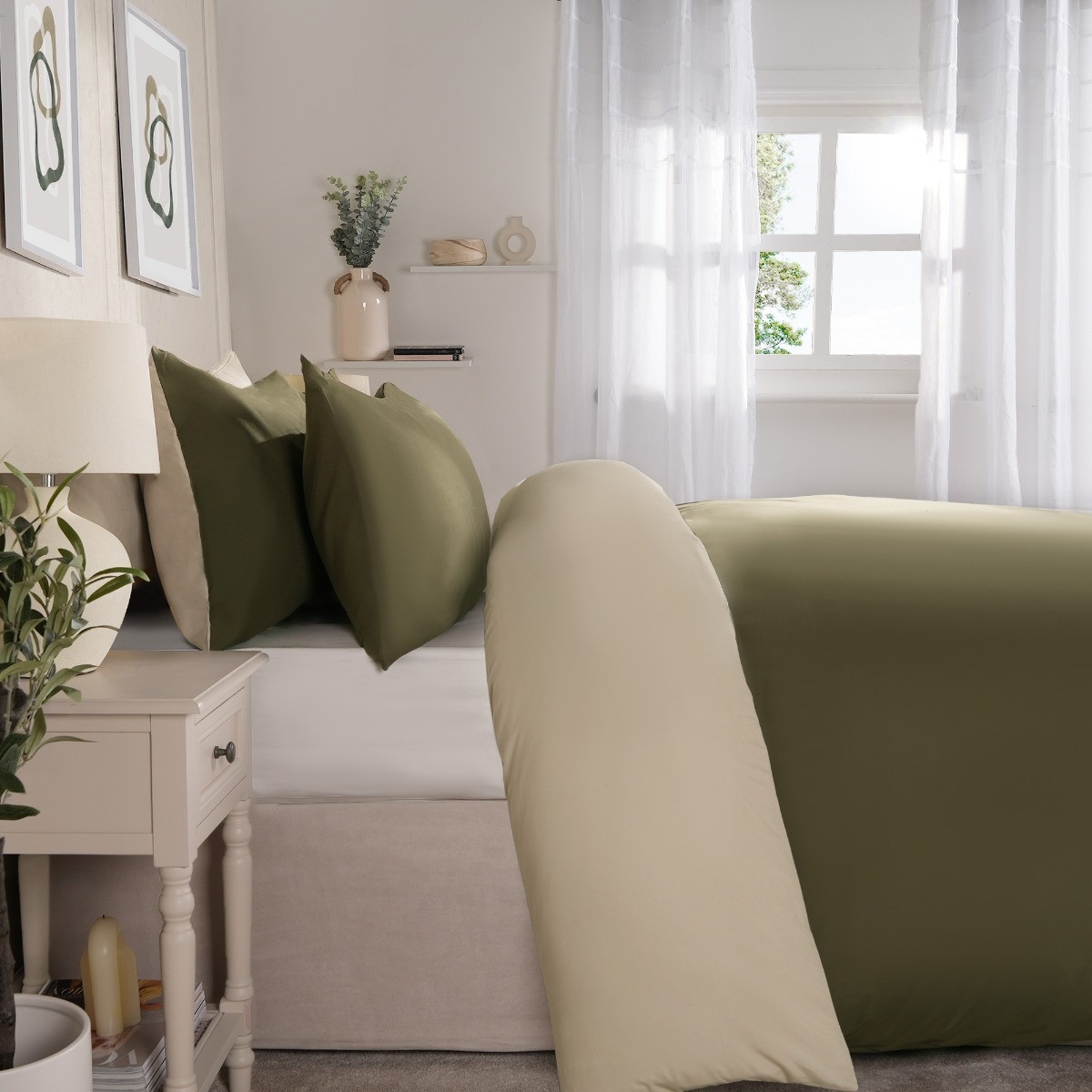 OHS Reversible Duvet Cover Set, Khaki/Taupe - Single>