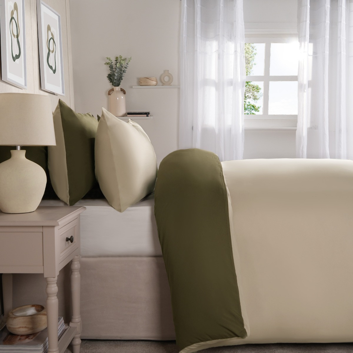 OHS Reversible Duvet Cover Set, Khaki/Taupe - Single>