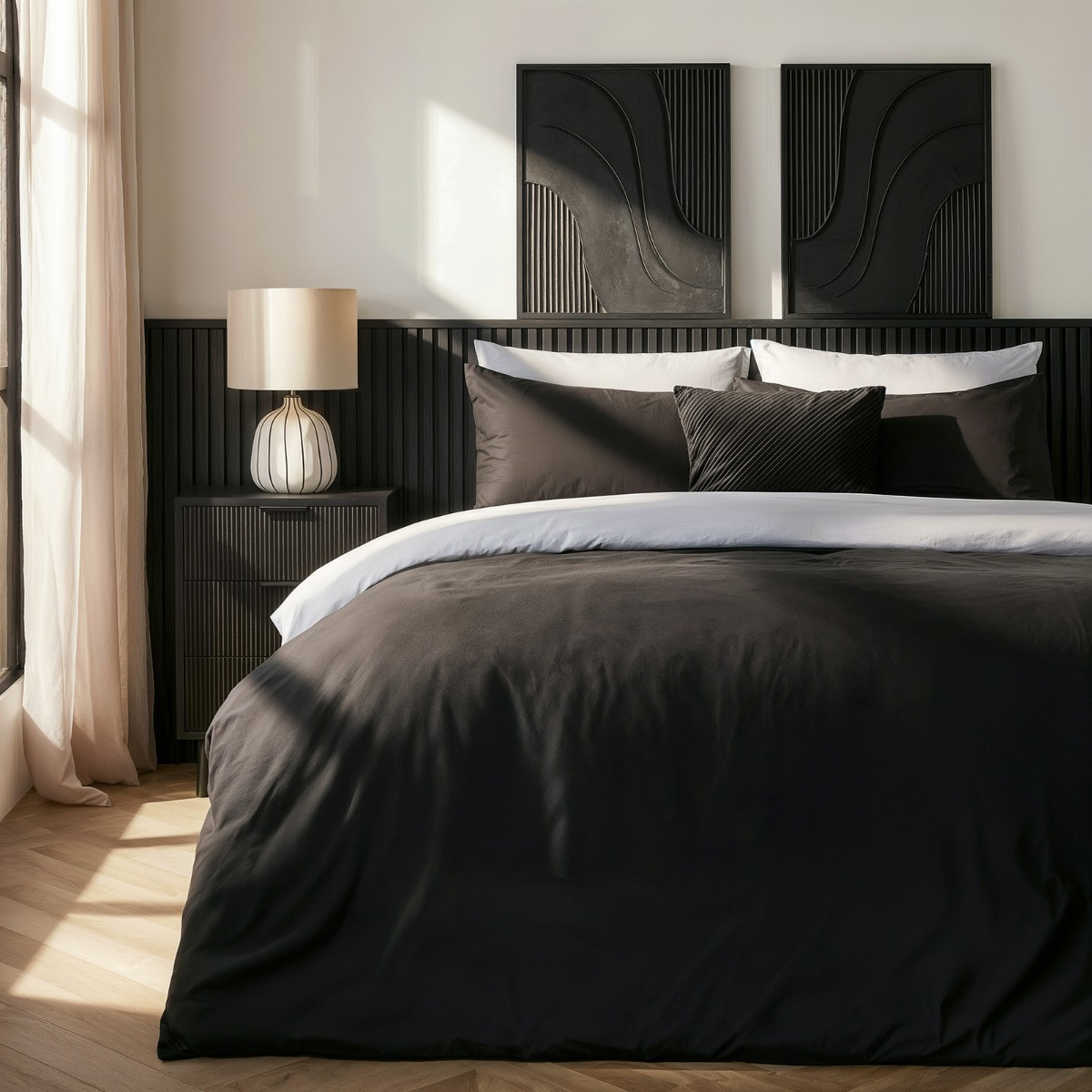 OHS Reversible Duvet Cover Set, White Black - Single>