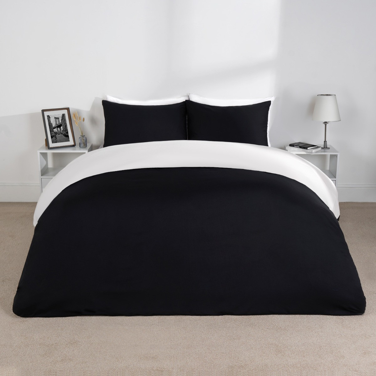 OHS Reversible Duvet Cover Set, White Black - Single>